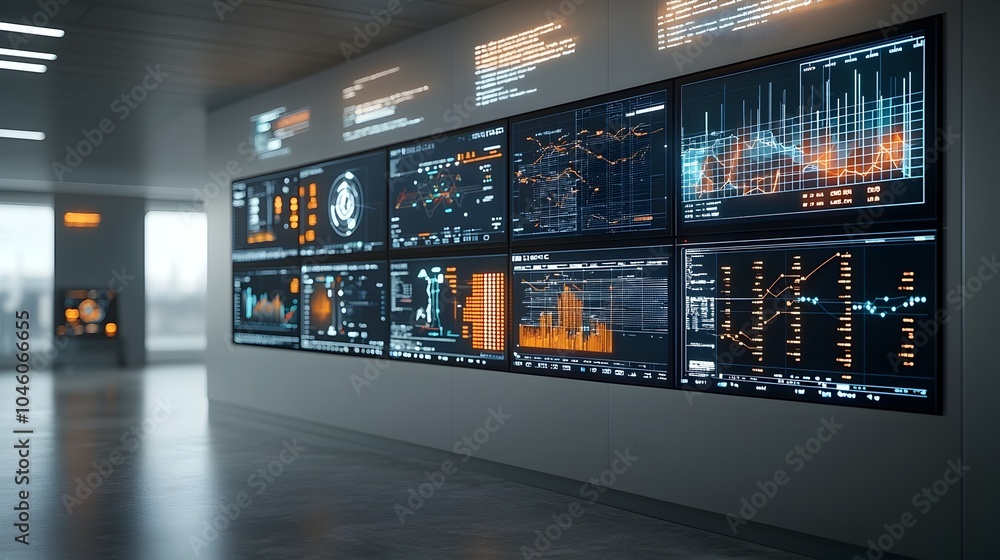 Leinwandbilder futuristic control room interior with wall mounted digital displays showing real time fuel processin