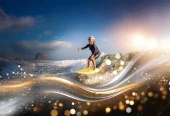 Fototapeta premium A surfer rides a wave in the ocean on a sunny day. The water sparkles with golden light.