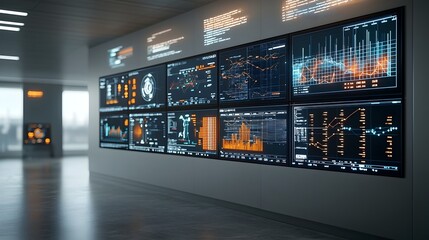 Futuristic control room interior with wall mounted digital displays showing real time fuel processing statistics advanced data analytics and cutting edge industrial technology in action