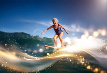 A woman in a blue swimsuit surfs on a wave with sparkling water. The sun is shining brightly and the sky is blue.