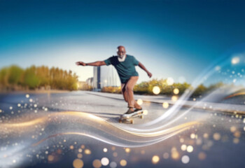 An older man with a beard confidently rides a skateboard on a city street. The sun shines brightly as the man moves with a sense of freedom and joy.