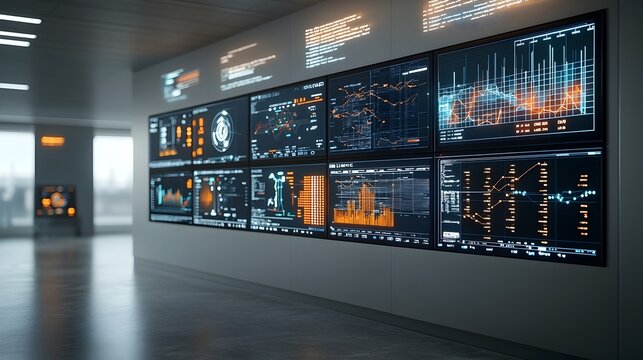 Futuristic control room interior with wall mounted digital displays showing real time fuel processing statistics advanced data analytics and cutting edge industrial technology in action