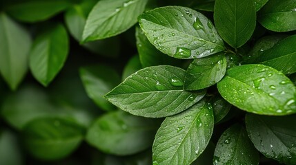 This image depicts natural green leaves enveloped with pure rain droplets, emphasizing the harmony and refreshing aspect of nature, communicating tranquility and peace.