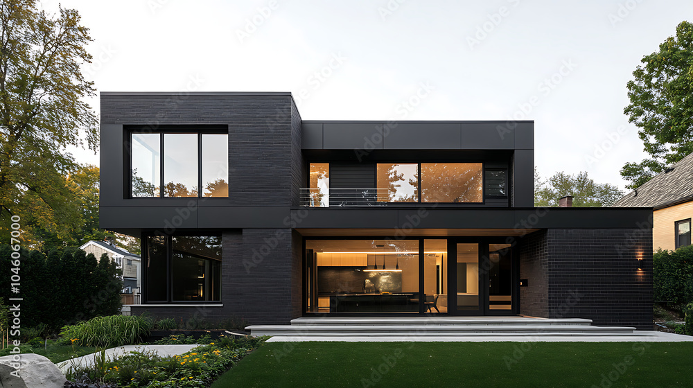Poster modern house design with a bold and refined facade a warm color palette and great attention to detai