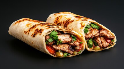 A savory grilled chicken shawarma wrap placed against a simple black background, highlighting its fresh ingredients including lettuce, tomato, and spices in Middle Eastern cuisine.