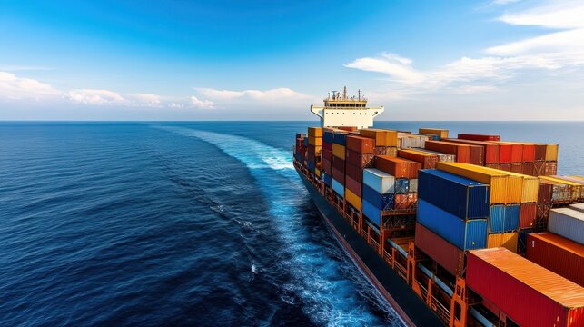 A massive container ship sails forward on the vast blue sea, filled with numerous colorful shipping containers, representing global trade and maritime industry.