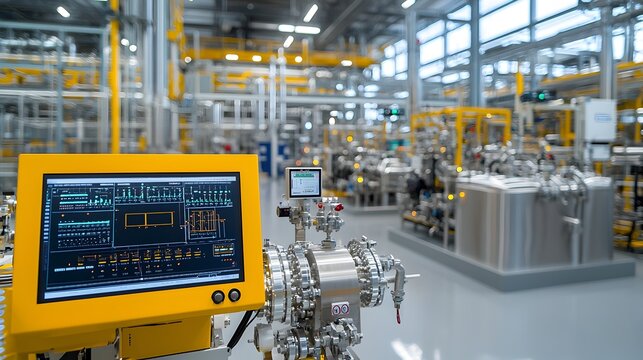 A state of the art high tech gas processing facility featuring cutting edge digital monitors advanced automation systems and sleek