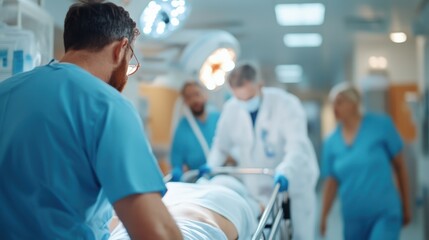 Obraz premium A group of medical professionals, highlighted by bright, sterile lighting, working in unison to provide critical care, embodying efficiency and urgency.