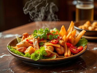 Steaming noodles with grilled chicken and fries

