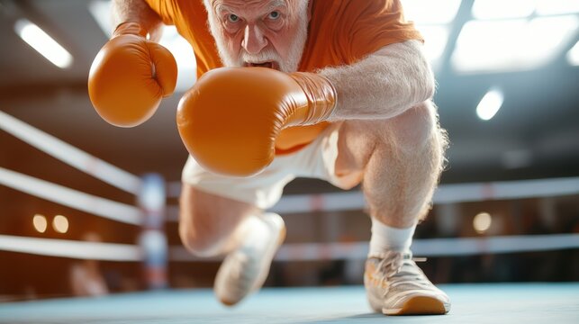 The image features an elderly male boxer in a dynamic, low-angle shot inside a boxing ring, portraying agility and determination with orange gloves. - Powered by Adobe