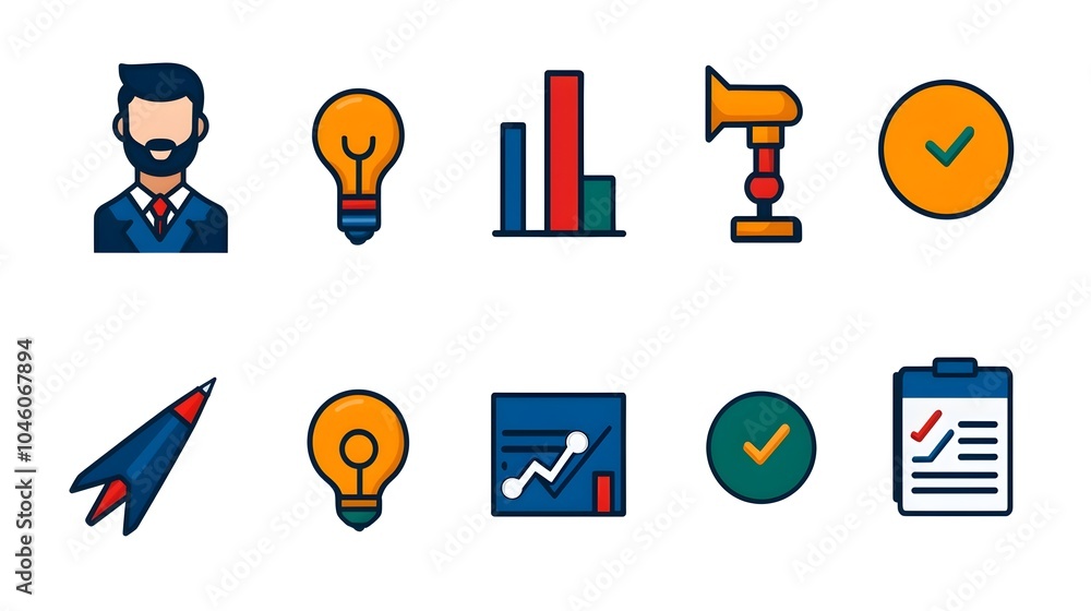 Poster Collection of sleek icons representing various data analysis and statistical reporting tools and services for digital platforms and business applications