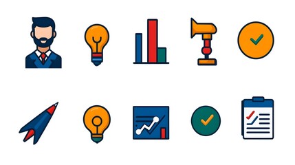 Collection of sleek icons representing various data analysis and statistical reporting tools and services for digital platforms and business applications