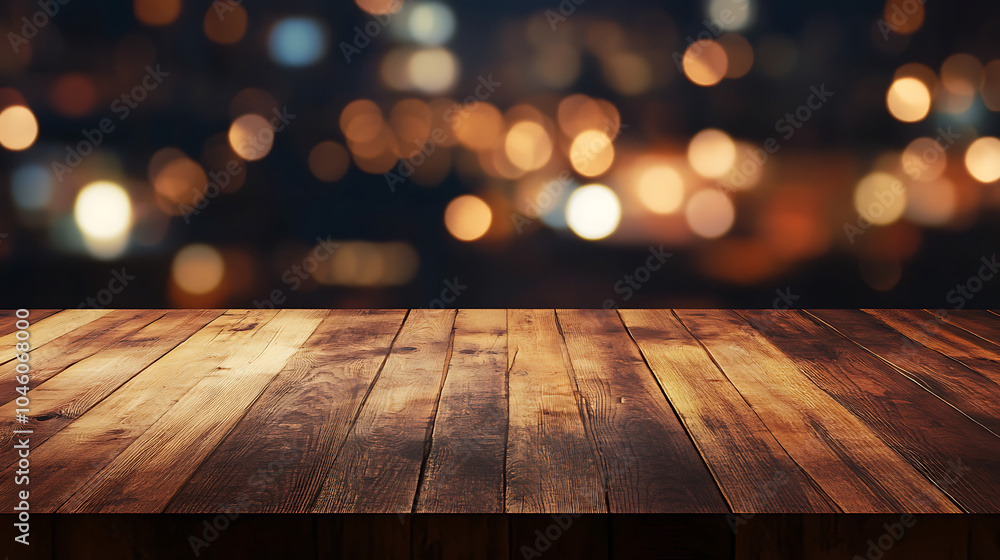 Poster empty brown wooden floor or wood board table with blurred abstract night light bokeh background copy space for display of product or object presentation