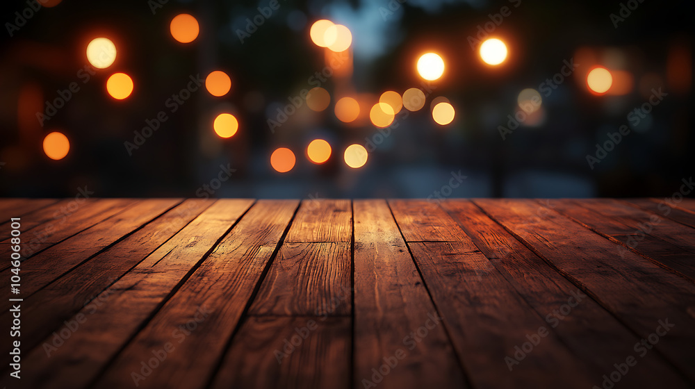 Poster empty brown wooden floor or wood board table with blurred abstract night light bokeh background copy