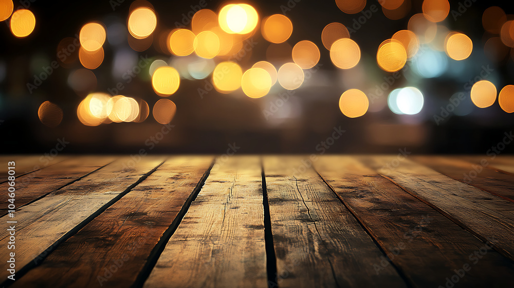 Poster empty brown wooden floor or wood board table with blurred abstract night light bokeh background copy