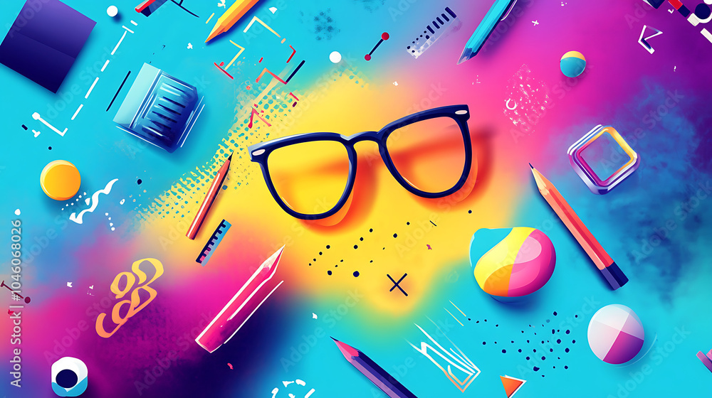 Aufkleber dynamic back to school background with a burst of colorful geometric shapes and symbols representing different academic subjects 