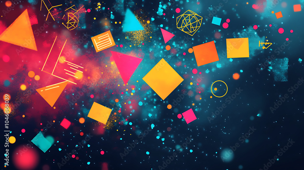 Poster dynamic back to school background with a burst of colorful geometric shapes and symbols representing different academic subjects 