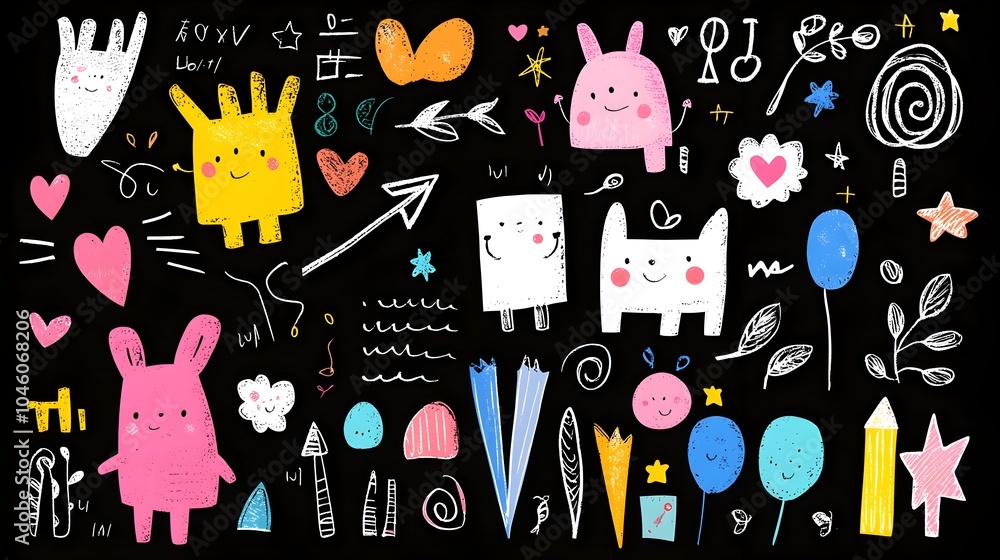 Aufkleber vibrant crayon and chalk style graphics with brush strokes pastel textures spirals and arrows perfec