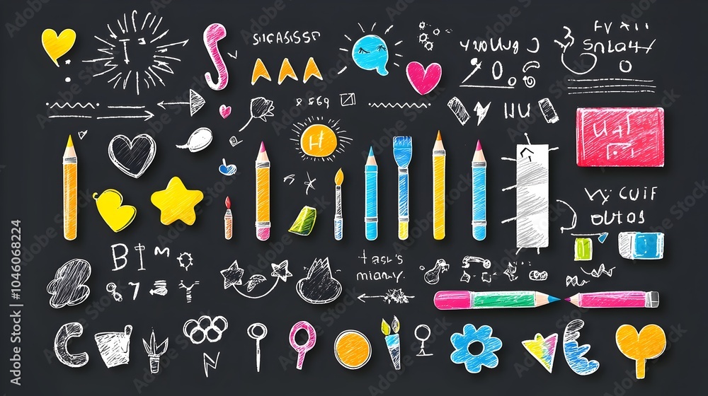 Poster colorful collection of crayon and chalk inspired elements including brush strokes pastel textures sp