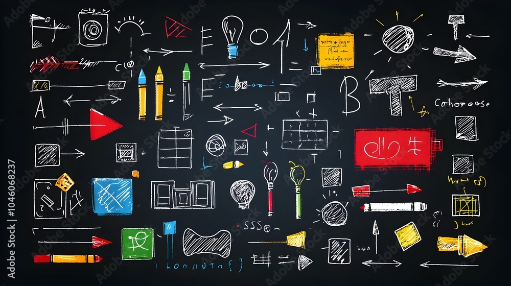 Poster hand drawn crayon and pencil elements in format featuring chalk textures square shapes and arrows designed for creative and graphic design projects