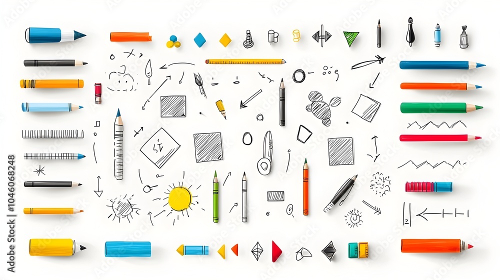 Poster A set of hand drawn crayon and pencil elements featuring chalk textures scribbles square shapes and arrows  These versatile graphics can be used for a wide range of creative projects