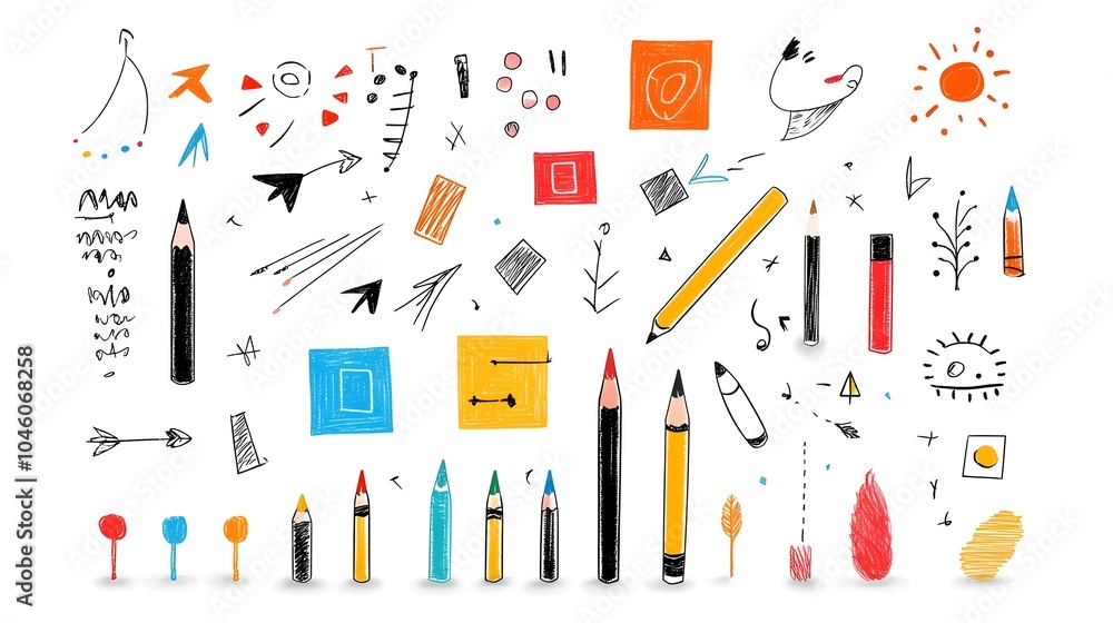 Poster Handdrawn crayon and pencil elements featuring chalk textures scribbles square shapes and arrows designed for creative and graphic design projects