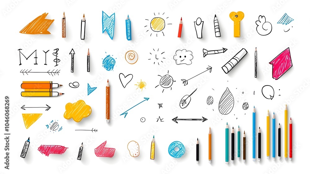 Poster hand drawn elements with a sketchy crayon and pencil style featuring brush strokes chalk textures an