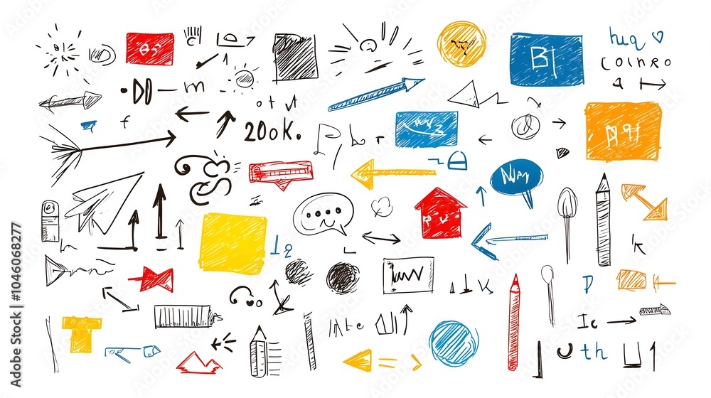 Poster vibrant hand drawn elements including crayon pencil chalk textures scribbles square shapes and arrow