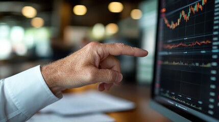 A finger is shown pointing at a stock market chart displayed on a computer screen, focusing on data points and trends essential for financial insights.