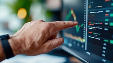A finger taps on a screen that displays financial graphs alongside code lines, highlighting the integration of technology and data science in market analyses.