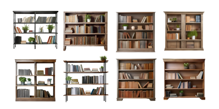 Diverse Shelves with Books and Decorative Plants, PNG collection, set bundle, isolate on transparent or white background