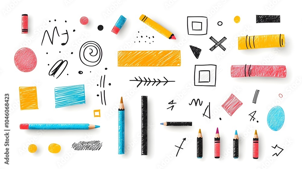 Poster vibrant hand drawn crayon and pencil art elements including pastel brush strokes spirals arrows and 