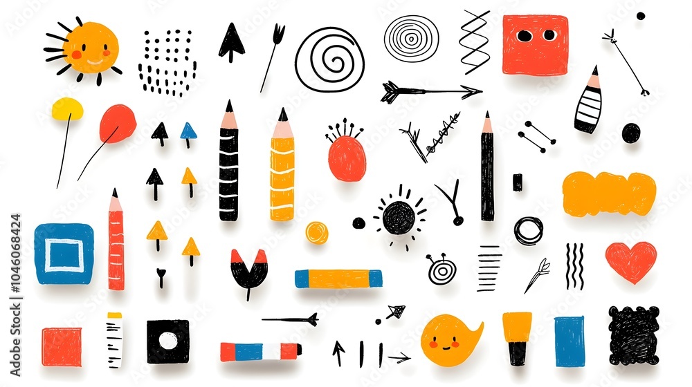 Leinwandbilder vibrant hand drawn crayon pencil elements in a design featuring pastel brush strokes spirals arrows 