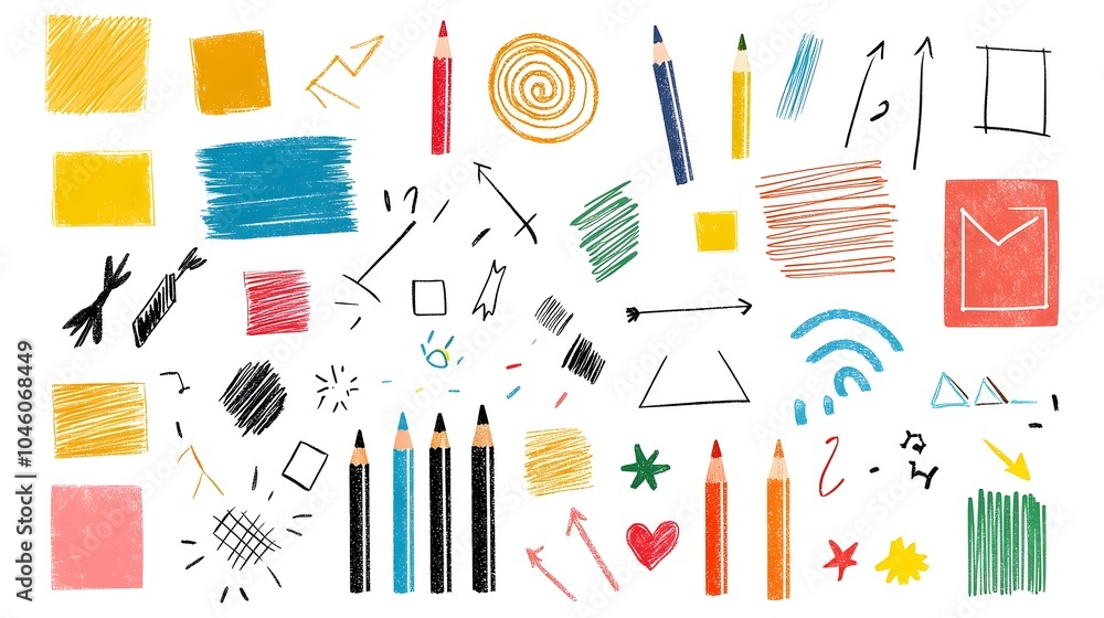 Poster vibrant hand drawn crayon and pencil art elements featuring pastel brush strokes swirling spirals bo