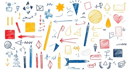 Vibrant hand drawn crayon and pencil elements including chalk textures pastel brush strokes scribble squares and arrows   perfect for creative imagery and design projects