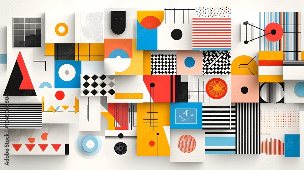 Poster Brutalist architectural geometric shapes and modern minimalist symbols arranged in a distorted tiled grid layout creating a retro futuristic and contemporary abstract digital art composition