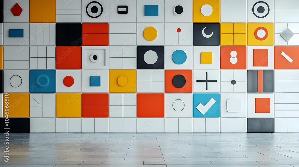 Aufkleber Captivating abstract image featuring a distorted tiled grid of brutalist geometric shapes and modern symbols showcasing a retro design with a trendy contemporary minimalist aesthetic
