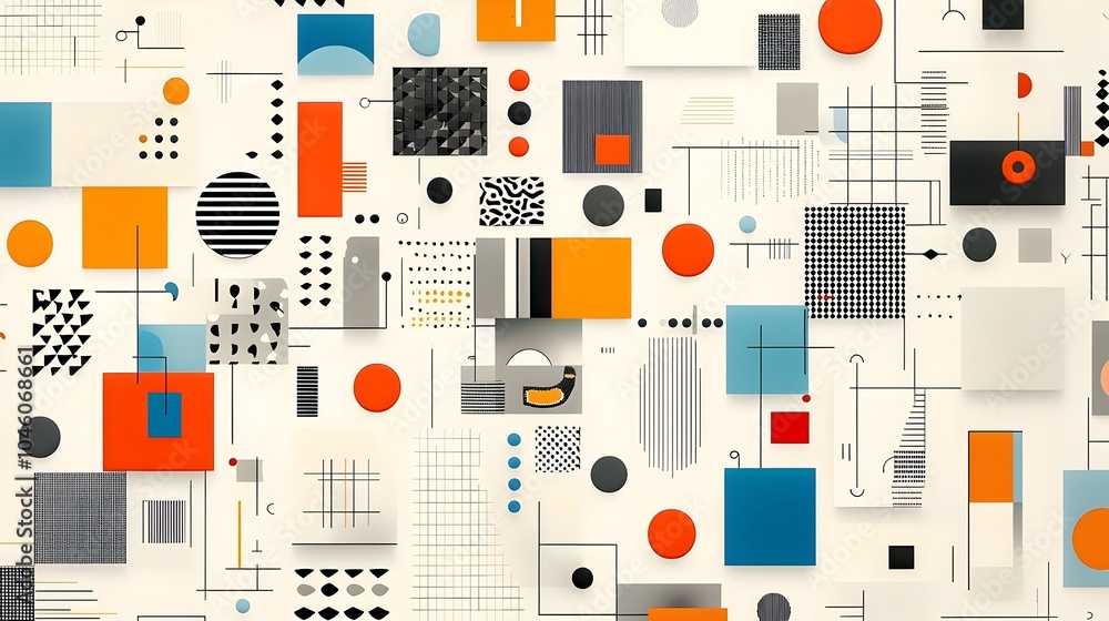 Poster Striking abstract geometric pattern with a modern minimalist and brutalist inspired design  The image features a vibrant checkered grid of simple forms and shapes