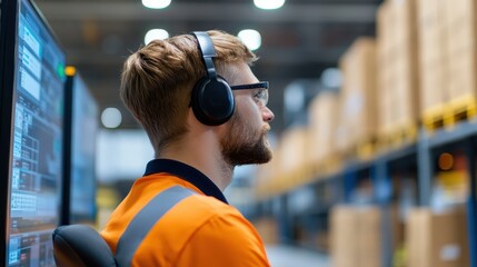 A focused man in a warehouse type setting, wearing an orange uniform and headphones, engaged with multiple computer screens showing data and logistics operations.