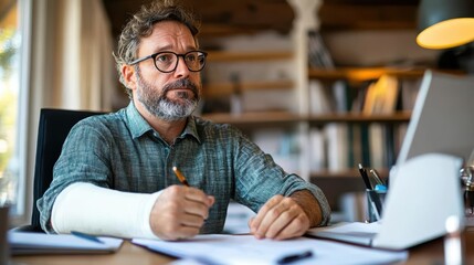 Fototapeta premium A man with an arm cast focuses intently on his work at a home office desk, illustrating determination and adaptability in a modern, light-filled workspace.