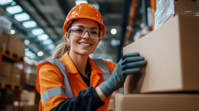 A focused warehouse worker in bright orange safety gear is managing a large cardboard box, symbolizing professionalism and the essentiality of a safe work environment.