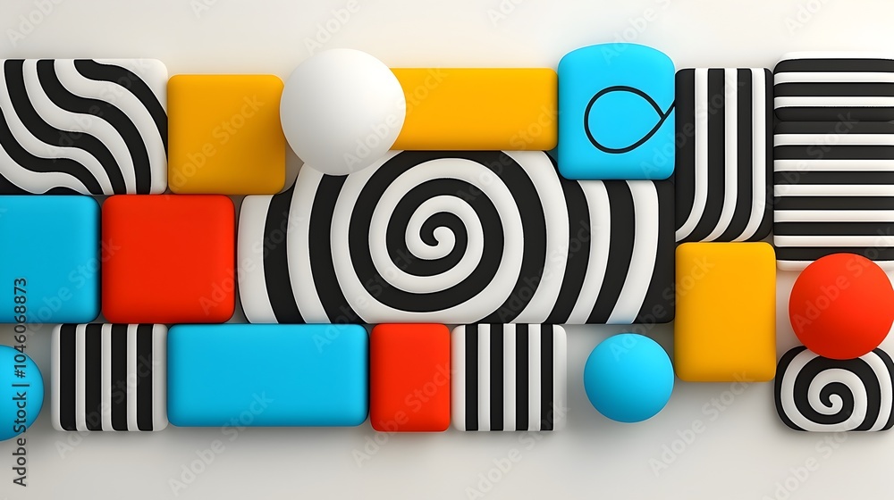 Aufkleber Bold geometric shapes with a groovy retro flair arranged in a clean distorted grid pattern that reflects a modern minimalist design aesthetic
