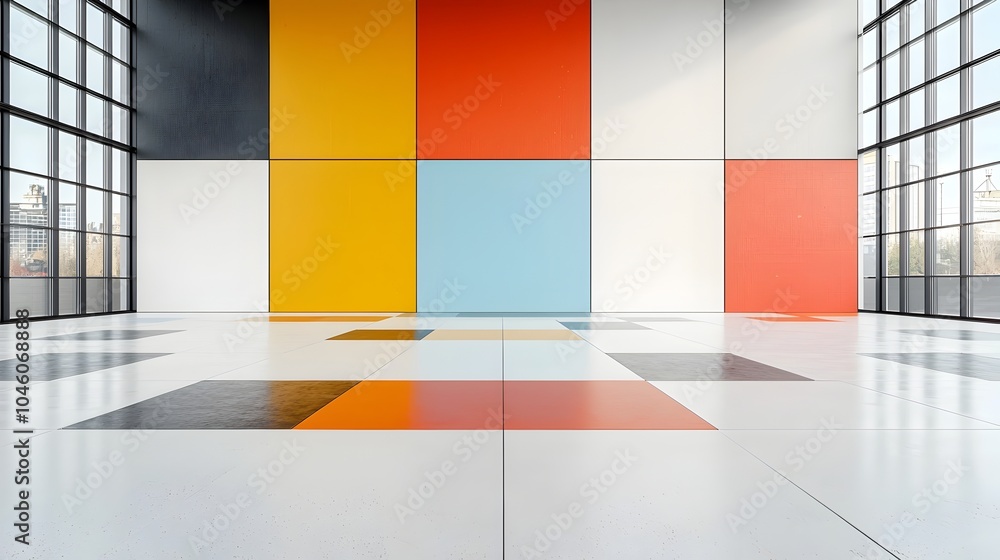 Aufkleber Striking abstract composition featuring bold geometric shapes with a groovy retro feel arranged in a clean distorted grid pattern that reflects a modern minimalist design aesthetic