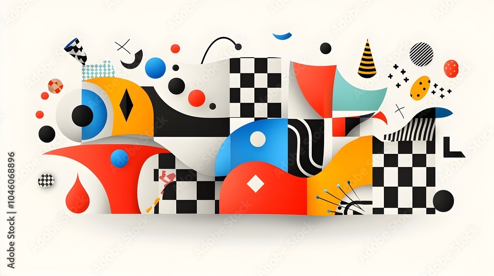 Aufkleber Minimalist art showcasing retro brutalist forms in a distorted checkered grid perfect for contemporary design trends and creative projects