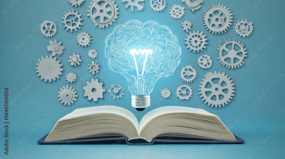 Fototapete A glowing light bulb hovers above an open book, surrounded by gears that symbolize innovation and the power of knowledge. Generative AI