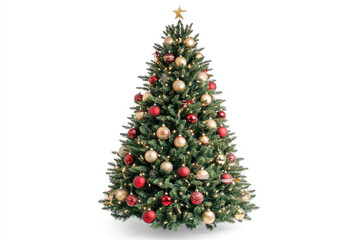Fototapeta premium A Christmas tree adorned with red and gold ornaments, gleaming with festive lights in a cozy living room setting.