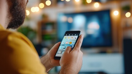 A man's hand with a phone displaying various apps, while a television is seen in the background, capturing the essence of entertainment and multitasking.