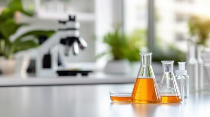 Two lab flasks containing orange liquid sit beside a petri dish, a microscope, and a potted plant, embodying a clean and green laboratory environment.