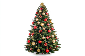 Fototapeta premium Christmas tree decorated with red and gold ornaments, glowing with lights, presents underneath, creating a warm holiday atmosphere.