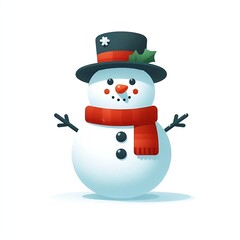 Flat, isolated illustration of a happy snowman wearing a cozy scarf and hat. The simple design features rounded shapes, a carrot nose, and twig arms, set against a clean white background.